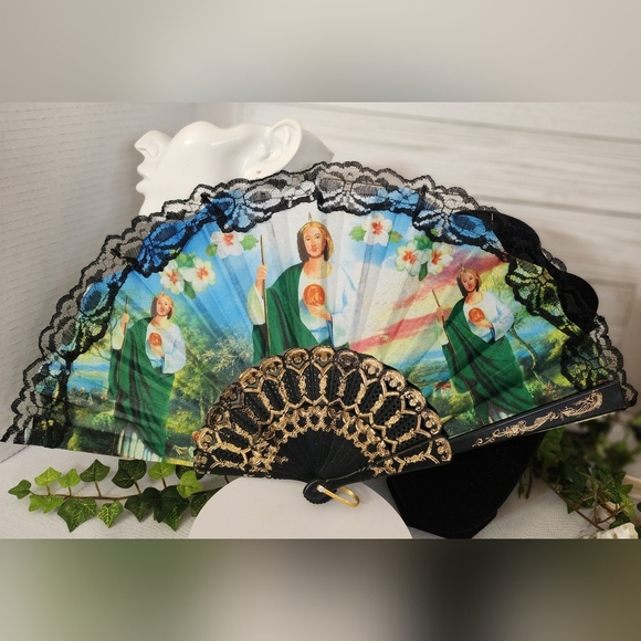 Fabric and Lace Folding Hand Fan Saint Jude - Picture 1 of 7